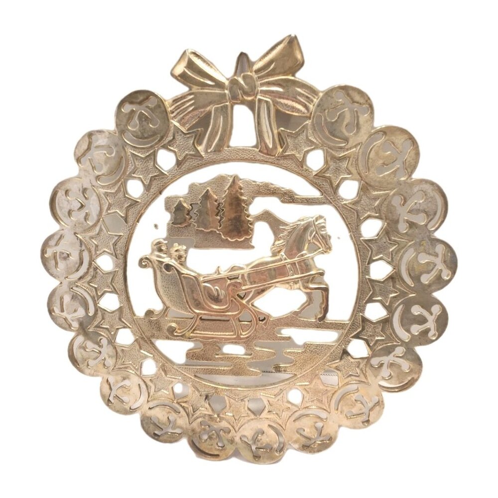 Vintage Godinger Silver Plated Trivet Wreath with Sleigh Horse and Bells READ